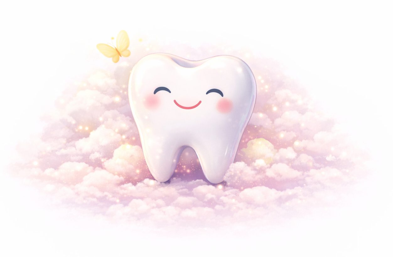 Cute tooth character on clouds with butterfly, highlighting gentle, calm, and friendly pediatric dental care environment.