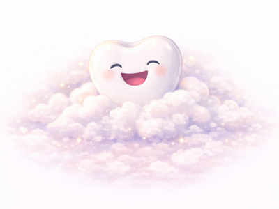 A happy tooth character resting on clouds, conveying gentle, friendly, and stress-free pediatric dental care experience.